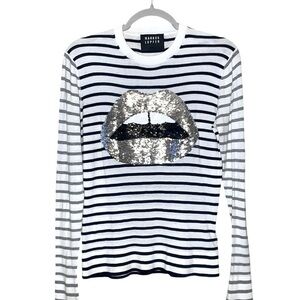 Markus Lupfer Black and White Striped Sweater with Silver Sequin Lips